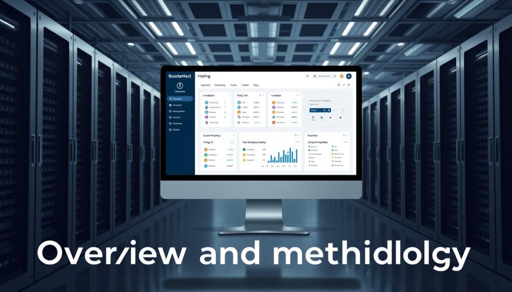 A modern, sleek web hosting control panel with a clean interface showcasing the key features and methodology of BoostedHost's 2025 comparison against Leaseweb. The panel is positioned in the center, with a subtle background of server racks, data centers, and cloud infrastructure, conveying a sense of technological sophistication. Soft, directional lighting illuminates the panel, highlighting the intuitive workflow and data-driven analysis. The overall mood is professional, informative, and visually captivating, designed to complement the "Overview and methodology" section of the article.