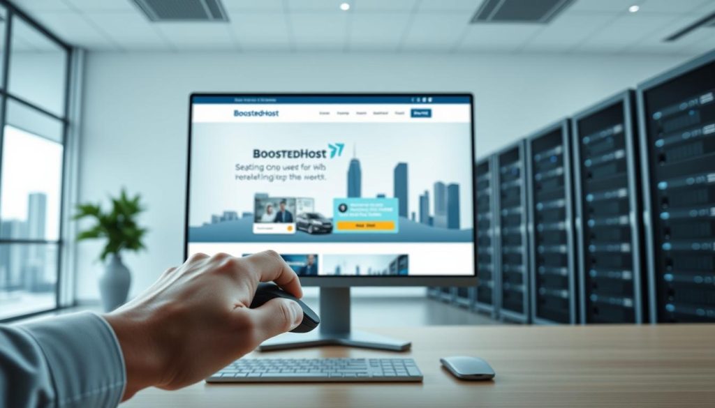 A modern, sleek web hosting platform showcasing the BoostedHost brand. Set in a well-lit, minimal office environment, the image features a large desktop display showcasing a responsive website design. In the foreground, a professional hand hovers over a wireless mouse, conveying an atmosphere of efficiency and technological prowess. The middle ground depicts neatly organized server racks, symbolizing the robust infrastructure that powers the hosting service. The background subtly features a cityscape, hinting at the global reach and reliability of the BoostedHost network. The overall scene exudes a sense of sophistication, trustworthiness, and cutting-edge technology, perfectly aligning with the "At a Glance: Who Wins for U.S. Buyers Today" section of the article.
