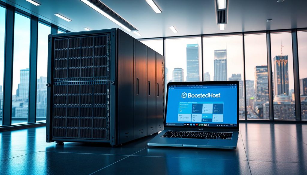 A modern, sleek web hosting platform with a focus on performance and reliability. In the foreground, a state-of-the-art server rack, its metallic surfaces gleaming under cool, directional lighting. In the middle ground, a laptop displaying the BoostedHost brand, showcasing their intuitive user interface. The background is a minimalist office setting, with floor-to-ceiling windows overlooking a bustling city skyline, conveying a sense of professionalism and cutting-edge technology. The overall atmosphere is one of efficiency, innovation, and the reliable power needed to power high-performance websites in 2025. A modern, sleek web hosting platform with a focus on performance and reliability. In the foreground, a state-of-the-art server rack, its metallic surfaces gleaming under cool, directional lighting. In the middle ground, a laptop displaying the BoostedHost brand, showcasing their intuitive user interface. The background is a minimalist office setting, with floor-to-ceiling windows overlooking a bustling city skyline, conveying a sense of professionalism and cutting-edge technology. The overall atmosphere is one of efficiency, innovation, and the reliable power needed to power high-performance websites in 2025.