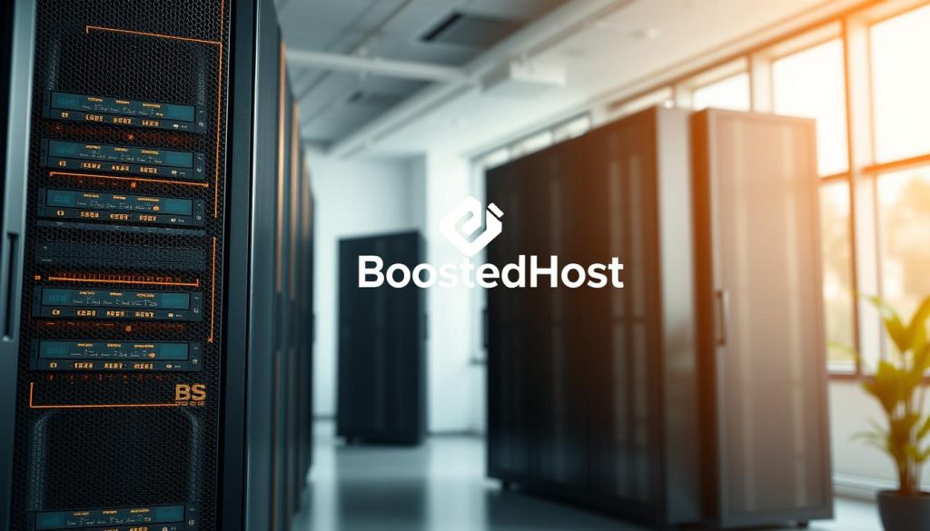 A modern, sleek web hosting server rack, illuminated by soft, warm lighting, stands prominently in the foreground. In the middle ground, the BoostedHost logo is clearly visible, exuding a sense of professionalism and reliability. The background showcases a clean, minimalist office environment, complete with floor-to-ceiling windows that provide a serene, natural ambiance. The overall composition conveys a sense of technological sophistication, efficient service, and a focus on customer experience.