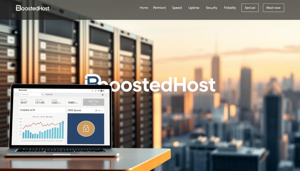 A modern, sleek website with clean lines and a minimalist aesthetic. The foreground features a laptop displaying performance metrics, with a clear focus on speed, uptime, and security. The middle ground showcases the BoostedHost logo, prominently displayed, against a backdrop of server racks and networking equipment. The background is a softly blurred cityscape, hinting at the global reach and infrastructure that powers the hosting service. Warm, natural lighting casts a subtle glow, creating a sense of reliability and professionalism. The overall mood is one of efficiency, technological prowess, and a forward-thinking approach to web hosting.