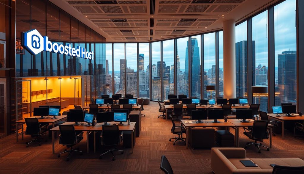 A modern, stylish hosting service office in a vibrant U.S. city skyline. The BoostedHost logo is prominently displayed on the facade of the sleek, glass-and-steel building. Inside, the spacious, well-lit workspace features rows of workstations with ergonomic chairs and monitors, as well as lounge areas with comfortable sofas. The room is illuminated by warm, indirect lighting and large windows offer panoramic views of the cityscape. The atmosphere conveys a sense of professionalism, innovation, and customer-centric service that BoostedHost aims to provide its U.S. clients.
