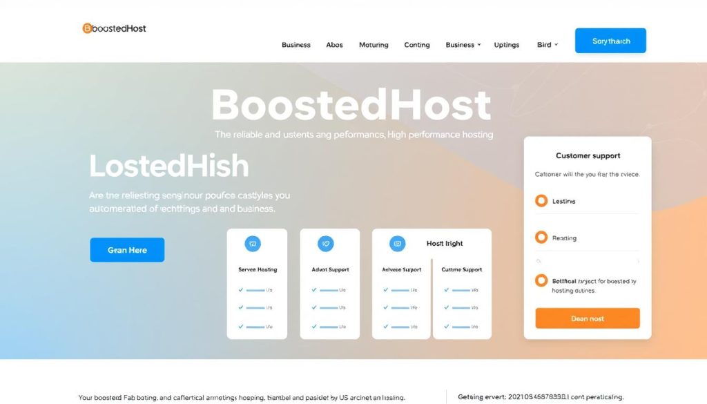 A modern, visually appealing hosting website with a clean, minimalist design. The homepage features a large hero section showcasing the BoostedHost brand, highlighting its reliable and high-performance hosting services. In the middle ground, detailed information about the hosting plans, server infrastructure, and customer support is presented in a well-organized manner. The background incorporates subtle textures and gradients, creating a professional and trustworthy atmosphere. The overall composition conveys a sense of user-friendliness, efficiency, and the company's commitment to providing an exceptional hosting experience for businesses.