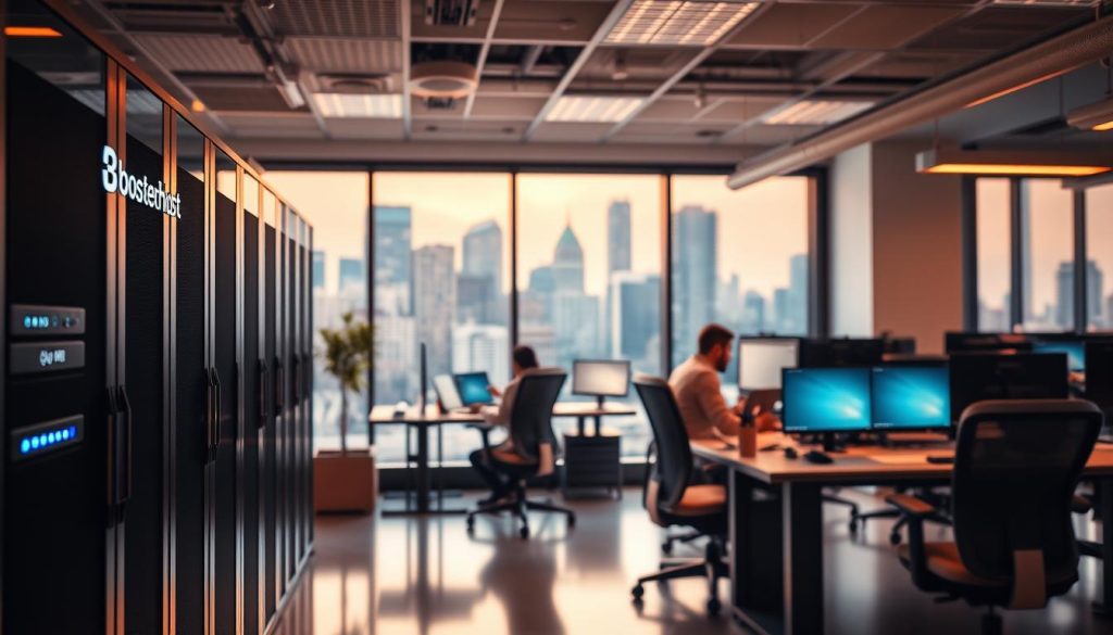 A modern web hosting provider's office interior, bathed in warm lighting. In the foreground, a sleek server rack with the "BoostedHost" logo prominently displayed. Ergonomic workstations with multiple monitors occupy the middle ground, where technicians collaborate on optimizing the hosting infrastructure. The background showcases a large window overlooking a bustling city skyline, conveying a sense of technology and progress. The overall scene exudes professionalism, efficiency, and a commitment to delivering reliable web hosting services.