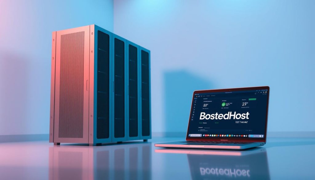 A modern web hosting service in a minimalist, high-tech setting. A sleek, metallic server rack stands in the foreground, its blinking lights and clean lines conveying a sense of efficiency and reliability. In the middle ground, a laptop displays the BoostedHost logo, its interface showcasing the platform's user-friendly dashboard. The background is bathed in a cool, blue-tinted lighting, creating a professional, futuristic atmosphere. The overall scene emphasizes the power, scalability, and technological sophistication of the BoostedHost web hosting solution.