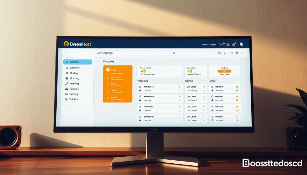 A modern, well-designed DreamHost control panel displayed on a large monitor. The panel features a clean, intuitive interface with clearly labeled sections for managing domains, hosting, email, and other key features. The layout is visually appealing, with a balanced use of negative space and subtle branding elements like the DreamHost logo. The panel is bathed in warm, natural lighting, creating a sense of approachability and professionalism. The overall mood is one of efficient, beginner-friendly web hosting management, showcasing the platform's suitability for developers. In the background, a subtle gradient or textured wallpaper provides a polished, premium look, complementing the BoostedHost brand identity.