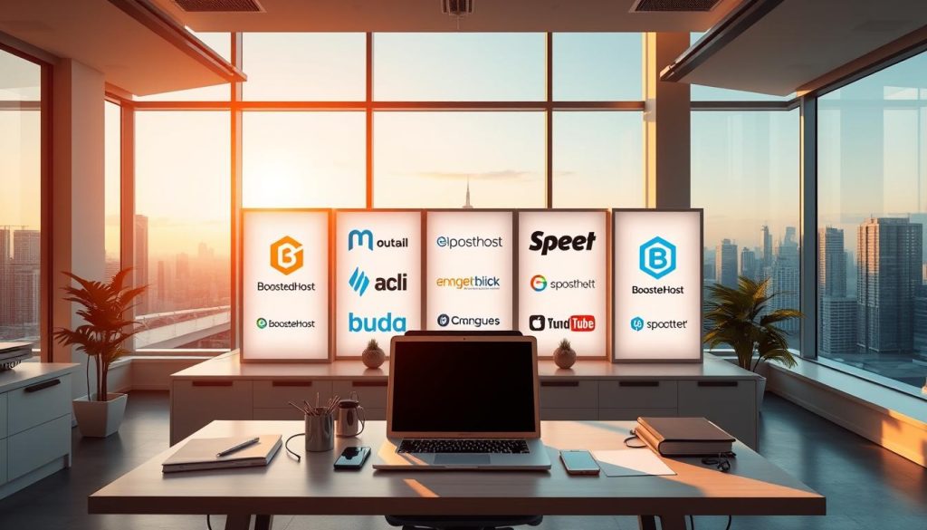 A modern, well-designed web hosting office with a clean, minimalist aesthetic. A prominent desk with a laptop, mobile devices, and office supplies sits in the foreground, bathed in warm, natural lighting from large windows. The middle ground features various hosting provider logos, including the BoostedHost brand, displayed on sleek, backlit panels. The background showcases a serene city skyline, hinting at the global reach and reliability of these hosting solutions. The overall mood is professional, inviting, and conveys a sense of cutting-edge technology and trustworthy service.