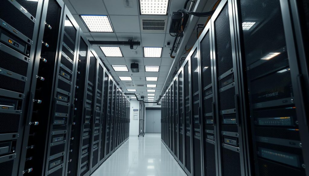 A modern, well-equipped data center with racks of high-performance servers, showcasing the scalability and portability of BoostedHost's web hosting services. Bright, diffused lighting illuminates the sleek, silver-gray equipment, conveying a sense of cutting-edge technology and reliability. The camera angles capture the depth and complexity of the infrastructure, emphasizing the flexibility to scale up or down as needed. The overall atmosphere is one of professionalism, efficiency, and the ability to handle growing web hosting demands with ease.