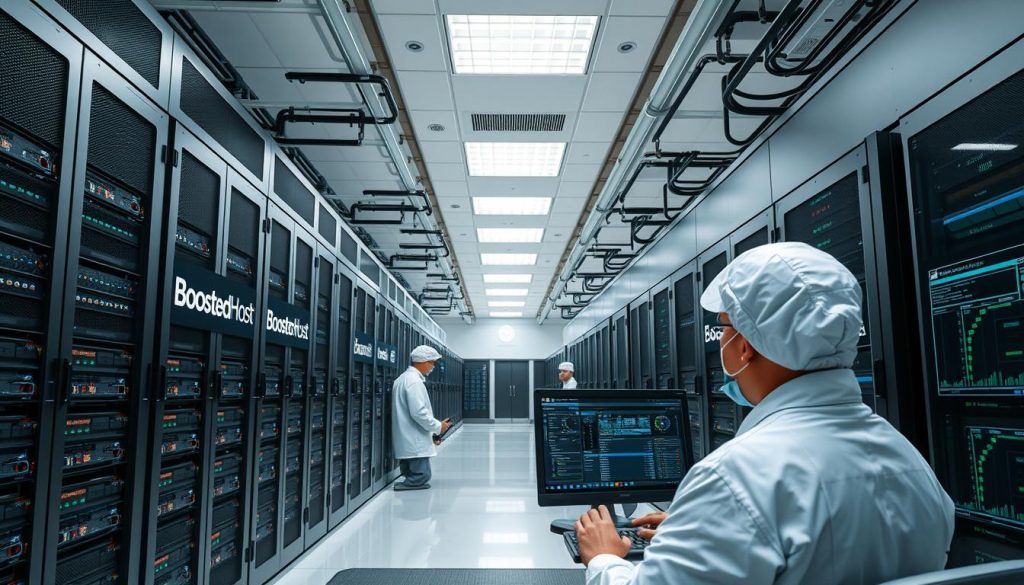 A modern, well-equipped data center with rows of high-performance servers and advanced networking equipment. Bright, even lighting illuminates the scene, casting a professional, technical atmosphere. The BoostedHost logo prominently displayed on the server racks, highlighting the brand's infrastructure. Technicians in clean-room attire carefully monitor system diagnostics on sleek, high-resolution displays. The image conveys a sense of efficiency, scalability, and technical expertise as the hosting provider undergoes a rigorous performance evaluation.