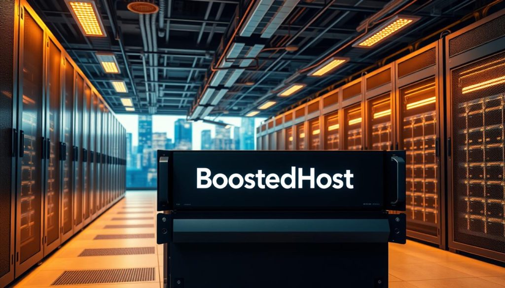 A modern, well-equipped data center with rows of server racks and cooling systems, illuminated by warm overhead lighting. In the foreground, a prominent BoostedHost logo is displayed on a sleek server chassis, conveying a sense of reliability and high-performance hosting. The background features a cityscape with skyscrapers, suggesting a urban, tech-savvy environment. The overall scene evokes a professional, enterprise-grade hosting provider capable of handling the demands of a wide range of businesses and applications.