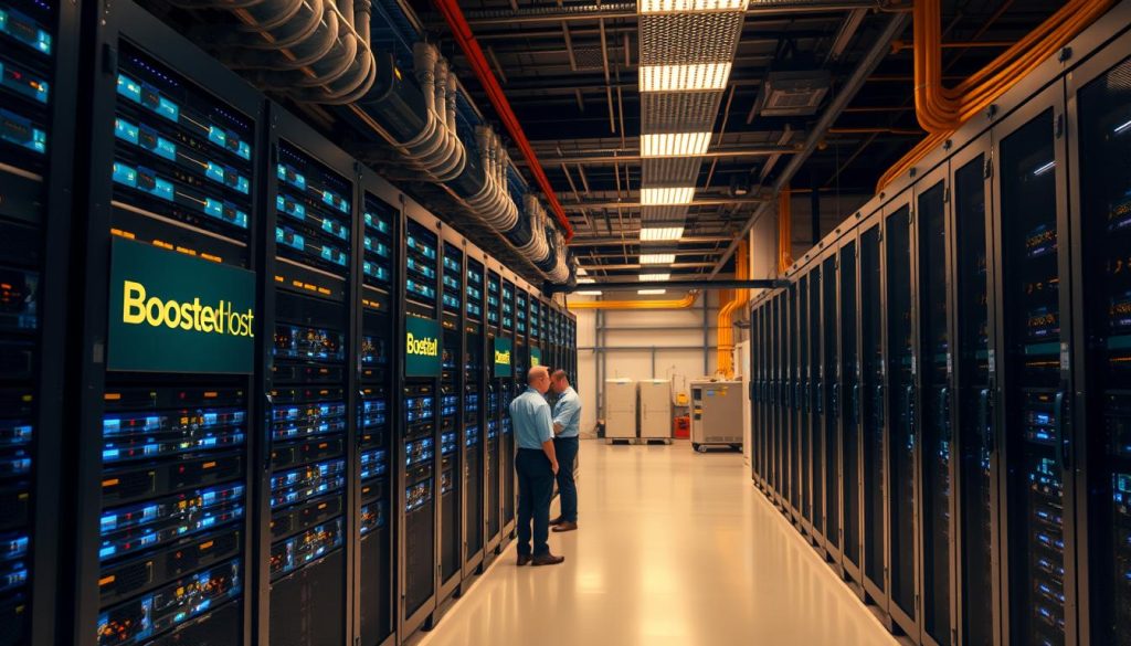 A modern, well-equipped data center with rows of server racks, blinking lights, and cooling systems. The BoostedHost logo is prominently displayed on the front of the racks, indicating this is their hosting infrastructure. The scene is bathed in a warm, professional lighting, creating a sense of reliability and technical prowess. The middle ground features technicians in uniforms monitoring the systems, while the background showcases the wider facility with backup generators and a secure perimeter. The overall impression is one of a cutting-edge, high-performance hosting environment.