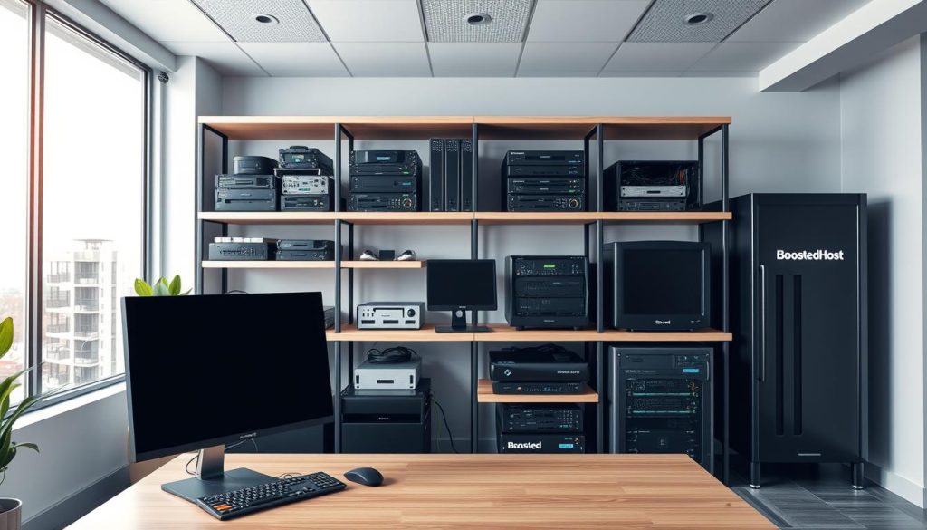 A modern, well-equipped hosting services office with clean, minimalist decor. In the foreground, a desk with a sleek computer setup, including a high-resolution monitor, a wireless keyboard and mouse. In the middle ground, several shelves displaying various server components, networking equipment, and a BoostedHost branded server rack. The background features large windows allowing natural light to flood the space, creating a bright and airy atmosphere. The overall impression is one of professionalism, efficiency, and a focus on providing top-notch hosting services.