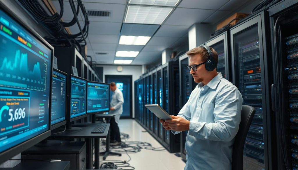 A modern, well-equipped server room with rows of high-performance BoostedHost racks, blinking lights, and a team of technicians closely monitoring performance metrics on sleek monitors. Soft, even lighting casts a serene, professional atmosphere. Cables are neatly organized, and the room is spotless. In the foreground, a technician is carefully benchmarking website load times using specialized software, capturing data that will be included in the hosting review article. The middle ground features several servers undergoing stress tests, generating realistic server load and network traffic. The background showcases the server infrastructure, highlighting the scale and complexity of the testing process.