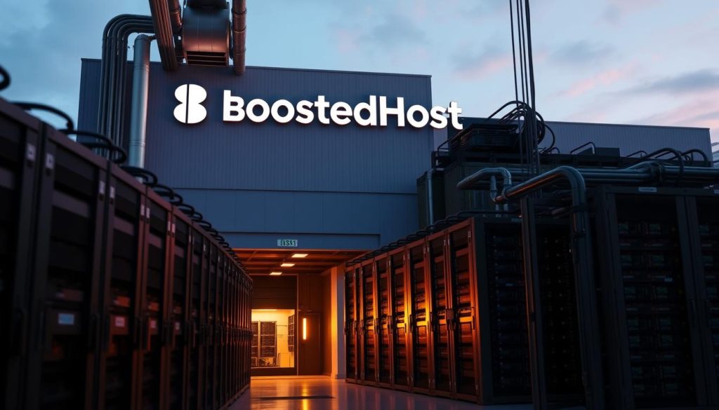 A modern, well-equipped web hosting data center with rows of professional-grade server racks, cooling systems, and secure access points. The BoostedHost logo prominently displayed on the exterior of the building. The scene is bathed in a warm, ambient lighting that casts long shadows and highlights the technical details. The camera angle is slightly elevated, capturing the scale and efficiency of the facility. The overall mood is one of reliability, security, and state-of-the-art technology.