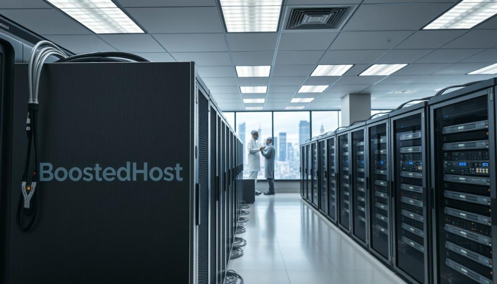 A modern, well-equipped web hosting data center with rows of racks holding powerful servers and high-speed networking equipment. Bright, diffused lighting illuminates the pristine, climate-controlled environment. In the foreground, a sleek, brushed-metal BoostedHost branded server cabinet stands out, its status indicators pulsing steadily. Cables snake neatly through cable trays, connecting the hardware. The middle ground features technicians in clean-room attire carefully monitoring the systems. In the background, a panoramic window offers a view of the city skyline, underscoring the scale and importance of this mission-critical infrastructure.