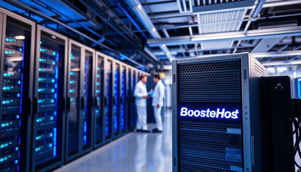 A modern, well-equipped web hosting data center, with rows of server racks bathed in cool blue lighting. In the foreground, a sleek, silver server emblazoned with the "BoostedHost" logo, its front panel glowing with activity. The middle ground features technicians in clean, white uniforms monitoring the systems, while the background showcases a panoramic view of the facility, filled with the latest cooling and networking infrastructure. The overall scene conveys a sense of efficiency, reliability, and technological prowess - the kind of hosting environment that would support high-performance websites in 2025.
