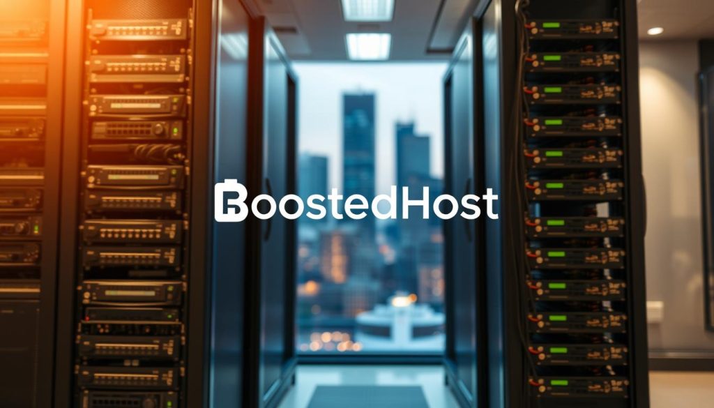 A modern, well-equipped web hosting server rack stands prominently in the foreground, showcasing the latest hardware and networking components. In the middle ground, a sleek, minimalist BoostedHost logo is subtly integrated, conveying the company's expertise and reliability. The background features a blurred cityscape, hinting at the global reach and connectivity of the web hosting service. Soft, warm lighting illuminates the scene, creating a professional and inviting atmosphere. The overall composition emphasizes the advanced, streamlined nature of the web hosting solution, making it an ideal fit for the article's target audience.