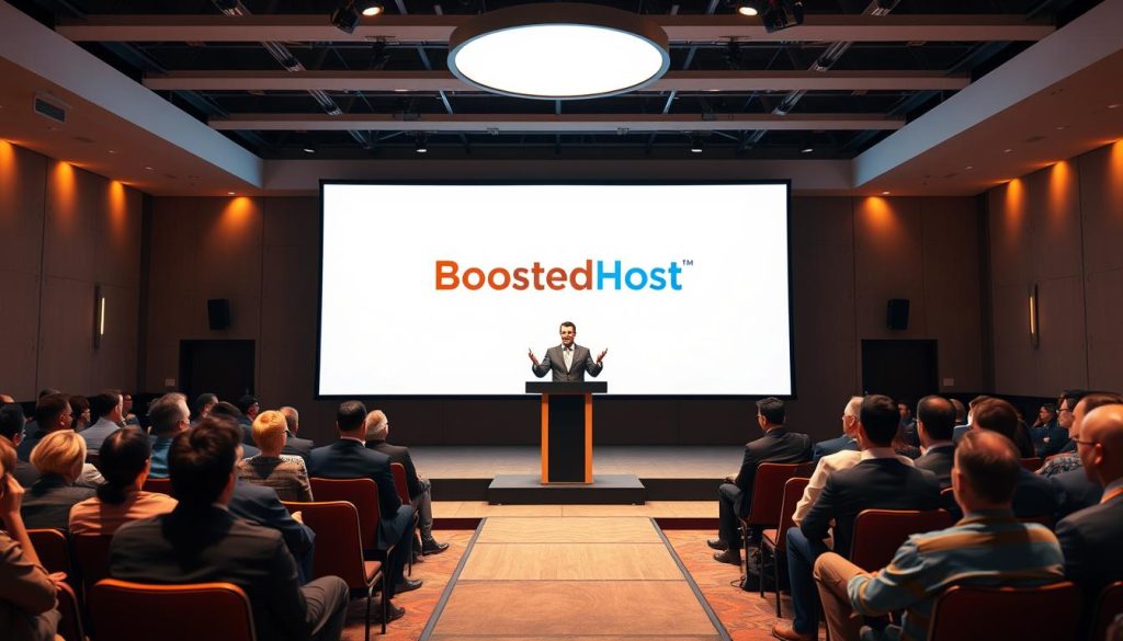 A modern, well-lit conference room with a large stage at the center. On the stage, a professional host stands at a podium, confidently addressing the audience. The lighting is bright and warm, creating a welcoming atmosphere. The host wears a tailored suit, gesturing expressively as they introduce the "BoostedHost" product. In the background, the audience is seated, attentive and engaged. The overall scene conveys a sense of professionalism, authority, and the excitement of a product launch.