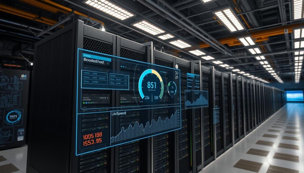 A modern, well-lit data center interior, housing rows of high-performance BoostedHost servers. Spotlights illuminate the sleek, all-black LiteSpeed web server hardware, its intricate cooling systems and blinking status lights. In the foreground, a holographic dashboard displays real-time performance metrics, showcasing LiteSpeed's impressive speed and responsiveness. The background is a mix of technical diagrams, server racks, and a panoramic view of the vast, industrial facility. The overall atmosphere conveys a sense of cutting-edge technology, power, and efficiency.