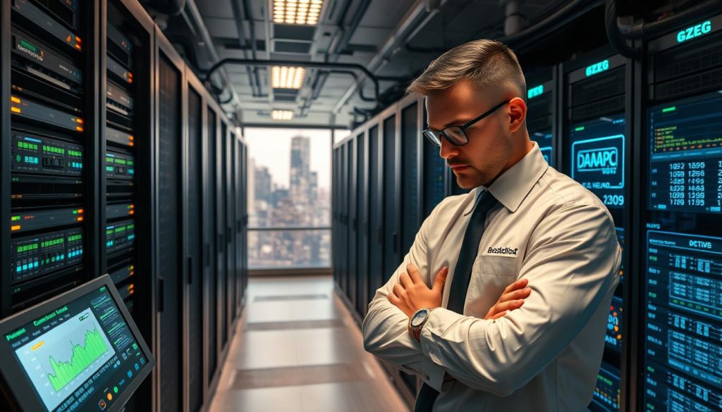 A modern, well-lit data center interior with rows of high-performance servers, intricate cabling, and blinking status lights. In the foreground, a hands-on system administrator in a crisp uniform examines the BoostedHost branded server equipment, focused on ensuring optimal performance and uptime. The mid-ground showcases a sleek, futuristic control panel displaying real-time performance metrics and security alerts. In the background, a large window offers a vista of a bustling city skyline, highlighting the importance of this facility's strategic location. The overall atmosphere conveys a sense of technological prowess, efficiency, and a commitment to delivering superior web hosting services.