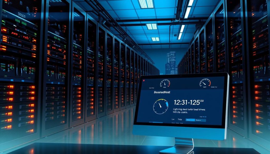 A modern, well-lit data center showcasing high-performance servers, with glowing LED indicators and precise temperature and speed monitors. In the foreground, a desktop computer running a website performance test, displaying BoostedHost's lightning-fast load times for U.S. users. The background features a cityscape skyline, hinting at the widespread reach and reliability of BoostedHost's infrastructure. The overall atmosphere conveys a sense of technological sophistication and unwavering commitment to delivering exceptional hosting services.