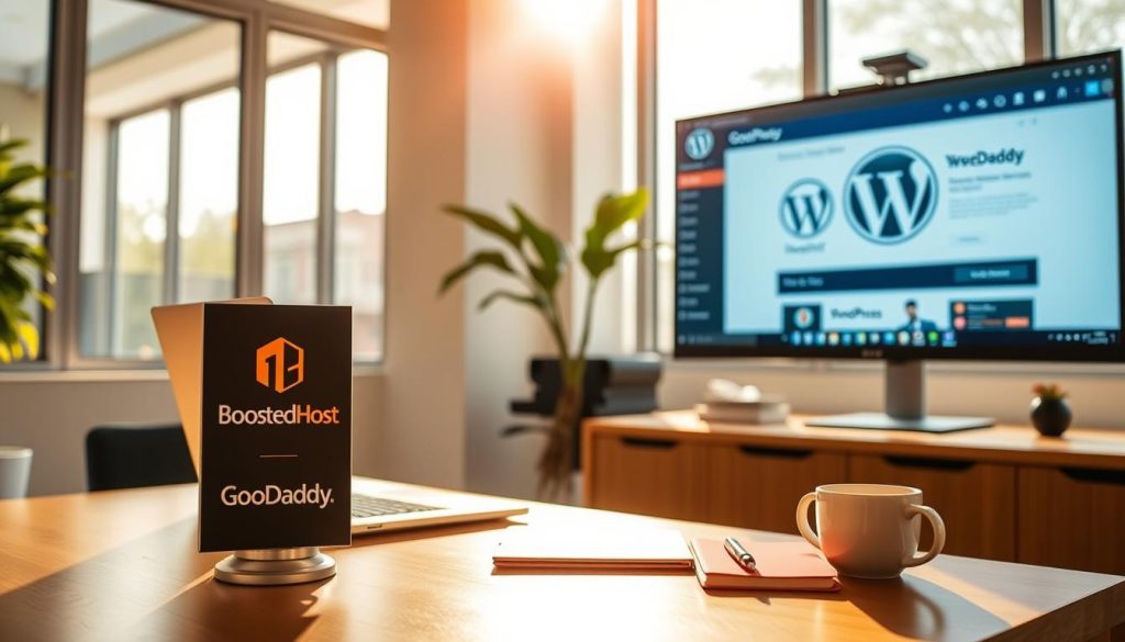 A modern, well-lit office interior with a desk featuring a laptop, a cup of coffee, and a notebook. On the desk, a BoostedHost logo stands prominently, indicating the hosting provider. In the background, a large monitor displays the WordPress dashboard, showcasing the process of building a new website. Warm, natural lighting filters in through large windows, creating a productive and inviting atmosphere. The composition emphasizes the smooth transition from GoDaddy to the WordPress platform, reflecting the article's focus on a seamless migration.
