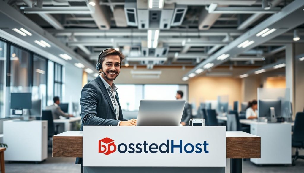 A modern, well-lit office interior with a professional-looking live chat support desk in the foreground. The desk features the BoostedHost brand name prominently displayed, with a friendly, focused customer service agent assisting a visitor. In the middle ground, other agents can be seen working diligently at their desks, creating a bustling, productive atmosphere. The background showcases sleek, contemporary decor and furnishings, conveying a sense of efficiency and reliability. Soft, even lighting illuminates the scene, creating a welcoming and approachable ambiance. A modern, well-lit office interior with a professional-looking live chat support desk in the foreground. The desk features the BoostedHost brand name prominently displayed, with a friendly, focused customer service agent assisting a visitor. In the middle ground, other agents can be seen working diligently at their desks, creating a bustling, productive atmosphere. The background showcases sleek, contemporary decor and furnishings, conveying a sense of efficiency and reliability. Soft, even lighting illuminates the scene, creating a welcoming and approachable ambiance.