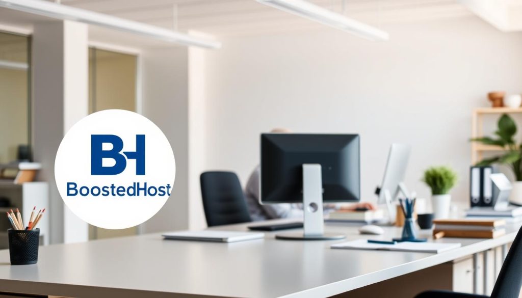 A modern, well-lit office setting with a desk, computer, and various office supplies. In the foreground, a sleek, stylish domain name registrar logo prominently displayed, with the brand name "BoostedHost" visible. The middle ground features a person sitting at the desk, intently focused on the computer screen, representing the process of domain registration. The background showcases a clean, minimalist aesthetic with neutral tones, highlighting the professional and technical nature of the domain registration service. The lighting is bright and natural, creating a sense of clarity and efficiency. The overall image conveys the idea of a reliable, user-friendly domain registrar experience for businesses.