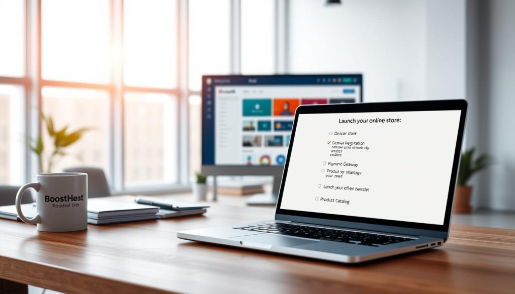 A modern, well-lit office setting with a minimalist, clean aesthetic. In the foreground, a wooden desk showcases a sleek laptop displaying a detailed checklist for launching an online store. The checklist is organized into clear sections, such as "Domain Registration", "Payment Gateways", and "Product Catalog". On the desk, a mug with the BoostedHost logo and a few office supplies create a professional, task-oriented atmosphere. The middle ground features a large monitor displaying a website builder interface, highlighting the ease of building an e-commerce site. The background showcases floor-to-ceiling windows, allowing natural light to fill the space and create a warm, inviting ambiance.