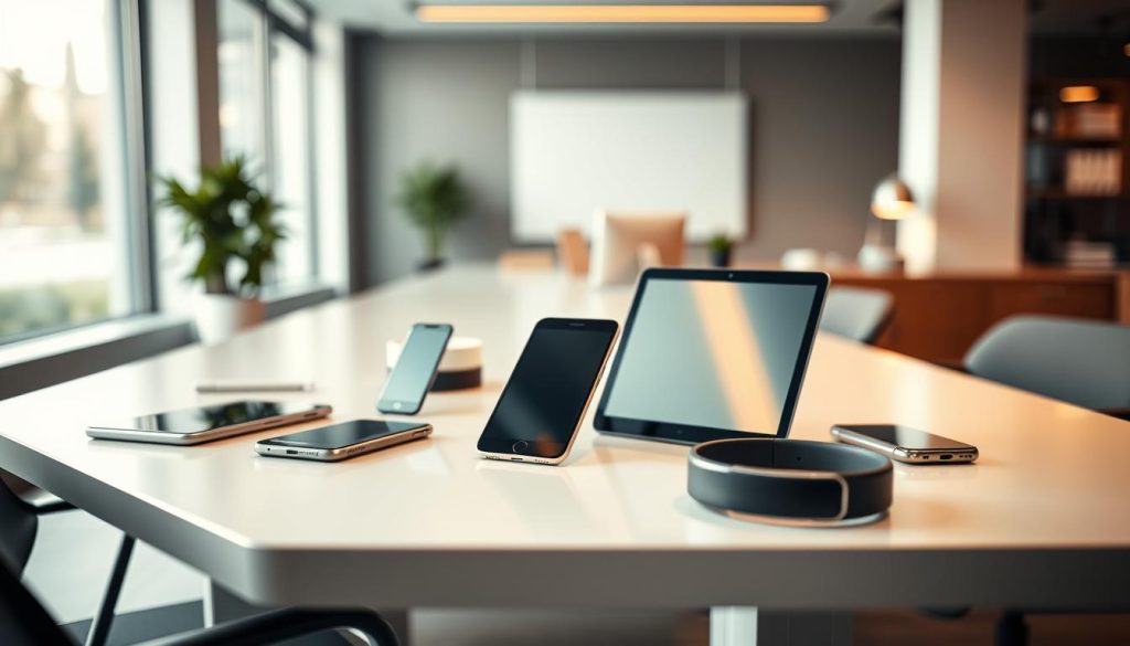 A modern, well-lit office setting with a variety of mobile devices prominently displayed on a sleek, minimalist desk. The devices include the latest smartphones, tablets, and wearables from leading brands like BoostedHost, showcasing their seamless integration and mobile-first performance. The lighting is warm and natural, accentuating the clean lines and glossy finishes of the technology. The background is blurred, keeping the focus on the mobile devices and their high-quality, responsive displays. The overall atmosphere conveys a sense of productivity, efficiency, and the importance of mobile-first experiences in the digital landscape.