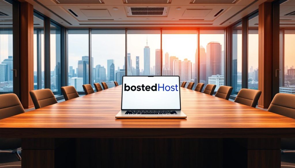 A modern, well-lit office space with a large, polished wooden desk in the foreground. On the desk, a prominent "BoostedHost" logo is displayed on a sleek, minimalist laptop. In the middle ground, comfortable office chairs surround the desk, creating an inviting workspace. The background features floor-to-ceiling windows overlooking a vibrant city skyline, bathed in warm, golden light. The overall scene conveys a sense of professionalism, efficiency, and technological prowess, perfectly suited for a high-quality web hosting service.