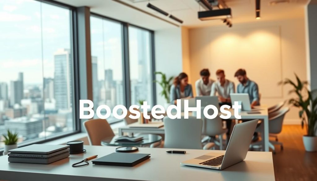 A modern, well-lit office space with a large window overlooking a bustling city skyline. In the foreground, a BoostedHost logo is prominently displayed on a sleek, minimalist desk, surrounded by various office supplies and a high-end laptop. In the middle ground, a team of young, diverse professionals collaborate on laptops and discuss website analytics and hosting plans. The background features a clean, contemporary interior design with warm lighting and natural elements like potted plants, creating a productive and inviting atmosphere for a startup or small business.