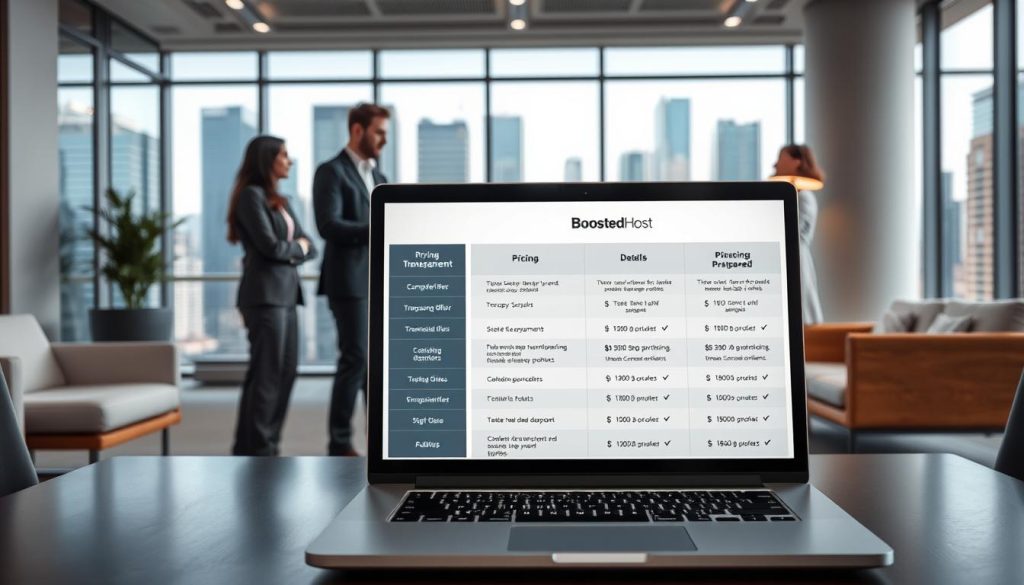 A modern, well-lit office space with sleek, minimalist furniture and accents of warm wood tones. In the foreground, a laptop displays a pricing table for the BoostedHost web hosting service, showcasing transparent and detailed pricing information for various plans, including promotional offers and add-ons. The middle ground features a team of professionals in business attire, reviewing the pricing details and engaged in discussion. The background depicts large windows overlooking a bustling cityscape, creating a sense of professionalism and trustworthiness. The lighting is soft and even, emphasizing the clarity and openness of the pricing information. The overall atmosphere conveys a sense of confidence, reliability, and a commitment to providing customers with a clear understanding of the service's costs.