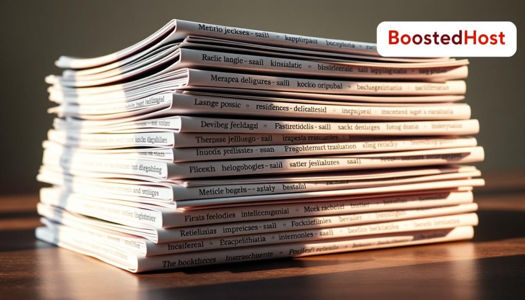 A neatly stacked pile of multilingual webpages, each page displaying content in a different language. The pages are lit with a warm, natural light, casting soft shadows on the surface they rest upon. The pages appear to be high-quality, with crisp typography and vivid colors, hinting at the detailed translations within. In the background, a BoostedHost logo subtly indicates the platform that powers these translated pages, allowing search engines to easily discover and index the content.
