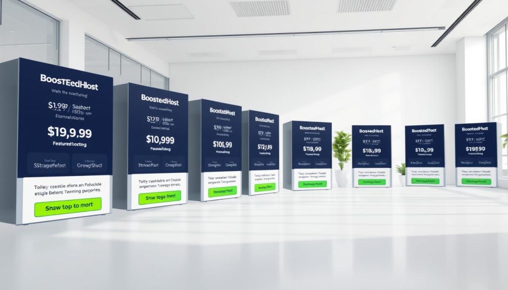 A photorealistic 3D render of various web hosting plans from the BoostedHost brand, showcasing their pricing tiers, features, and benefits. The scene is set in a bright, modern office environment with clean lines and neutral colors. The hosting plans are presented on sleek, floating display panels, with clear and concise information about each plan's storage, bandwidth, and included tools. The lighting is soft and diffused, creating a professional and inviting atmosphere. The camera angle is slightly elevated, giving the viewer a comprehensive overview of the hosting offerings. The overall composition is balanced and visually appealing, highlighting the key details that would be important for U.S. buyers considering BoostedHost versus HawkHost.