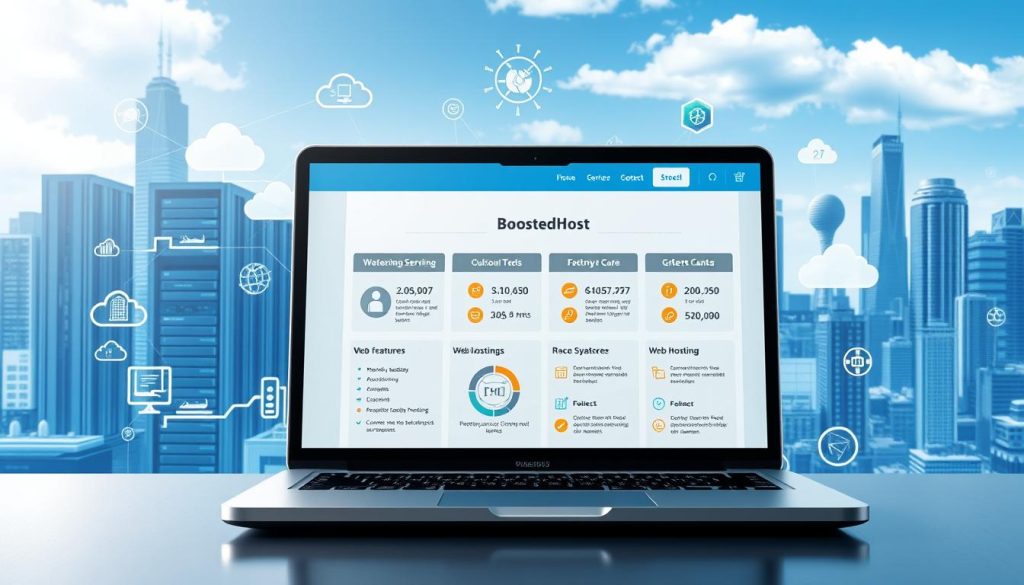 A photorealistic digital illustration of a web hosting overview. In the foreground, a sleek laptop displays a detailed web interface, showcasing the key features and performance metrics of "BoostedHost" web hosting services. The middle ground features various cloud computing icons, servers, and data center infrastructure, conveying the technical capabilities of the hosting provider. The background depicts a cityscape with modern skyscrapers, suggesting the enterprise-level scale and reliability of the hosting solution. The lighting is crisp and directional, creating depth and emphasizing the technological sophistication. The overall mood is professional, authoritative, and inspiring confidence in the web hosting services.