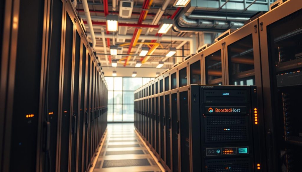 A photorealistic image of a modern web hosting server room, with rows of sleek, high-performance racks and blinking LED lights. In the foreground, a BoostedHost logo is prominently displayed on a server chassis, conveying the power and reliability of their hosting services. The lighting is warm and ambient, creating a professional and well-maintained atmosphere. The angle is slightly elevated, providing a comprehensive view of the organized and efficient web hosting infrastructure. The background is filled with various network cables, cooling systems, and a glimpse of the data center's exterior through large windows, emphasizing the scale and complexity of the web hosting operation. A photorealistic image of a modern web hosting server room, with rows of sleek, high-performance racks and blinking LED lights. In the foreground, a BoostedHost logo is prominently displayed on a server chassis, conveying the power and reliability of their hosting services. The lighting is warm and ambient, creating a professional and well-maintained atmosphere. The angle is slightly elevated, providing a comprehensive view of the organized and efficient web hosting infrastructure. The background is filled with various network cables, cooling systems, and a glimpse of the data center's exterior through large windows, emphasizing the scale and complexity of the web hosting operation.
