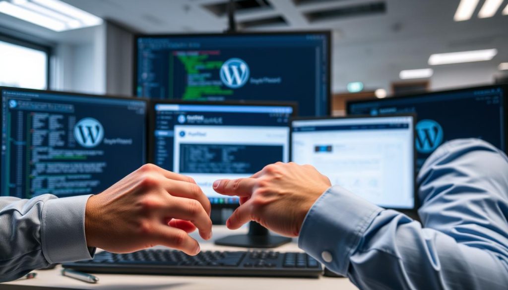 A professional IT engineer performs a comprehensive restore test on a WordPress site, using a BoostedHost backup solution. The foreground shows the engineer's hands carefully restoring the site's files and database from a recent backup. The middle ground depicts the engineer's workstation, with multiple monitors displaying the WordPress admin panel and the restore process. The background features a clean, well-lit office environment with modern technology, conveying a sense of professionalism and attention to detail. The mood is one of focused, meticulous work, ensuring the successful restoration of the WordPress site before a potential disaster.