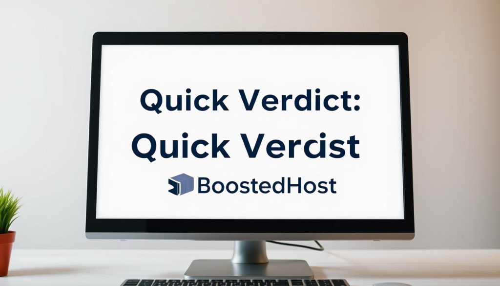 A professional and authoritative-looking verdict on a desktop computer screen, with a clean and minimalist design. The screen displays the heading "Quick Verdict" in a bold, sans-serif font, and below it, the text "BoostedHost" is prominently featured. The overall atmosphere is one of clarity, decisiveness, and credibility, conveying a sense of a well-informed and trustworthy assessment. The lighting is natural and warm, with subtle shadows and highlights to add depth and dimension. The camera angle is slightly elevated, creating a sense of importance and gravity to the verdict. The background is blurred and neutral, allowing the screen and its content to be the primary focus.