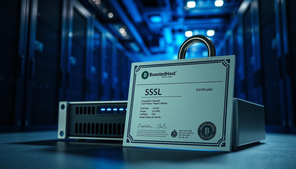 A professional and modern SSL certificate setup on a sleek, BoostedHost-branded server. The foreground shows the SSL certificate's details, including its encryption strength, validity period, and issuing authority. The middle ground depicts the server's hardware - a clean, minimal rack-mounted unit with subtle blue LED accents. The background features a dimly lit data center environment, with rows of server racks and a faint glow from cooling systems. The lighting is directional, casting dramatic shadows and highlighting the certificate's technical aspects. The overall mood is one of security, reliability, and technological sophistication.
