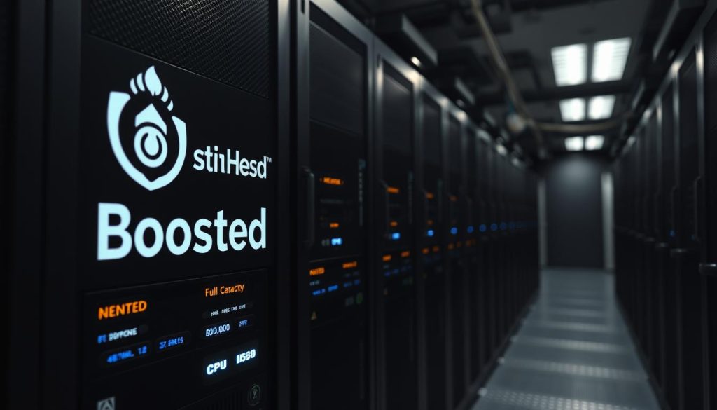 A professional data center server room, dimly lit with a focus on the hosting hardware. The BoostedHost logo prominently displayed on the server racks. The servers are running at full capacity, with CPU and memory utilization indicators flashing, conveying the high-performance nature of the hosting infrastructure. Narrow depth of field, emphasizing the technical details and precision engineering. Muted color palette with metallic accents, creating an atmosphere of efficiency and reliability. Camera angle slightly elevated, capturing the scale and complexity of the server environment.