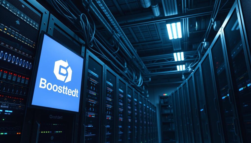 A professional data center with rows of server racks, glowing LED lights, and a sleek, modern aesthetic. The foreground features the BoostedHost logo displayed prominently on a server cabinet, conveying the company's technical expertise and reliability. The middle ground showcases various network cables, cooling systems, and monitoring equipment, highlighting the complex infrastructure behind web hosting. The background depicts a dimly lit, high-ceilinged space with a sense of scale and industrial grandeur. The lighting is dramatic, with pools of light and shadow creating depth and atmosphere. The overall scene evokes a sense of the power and precision required for delivering robust web hosting services.