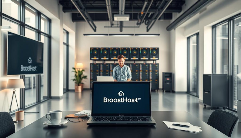 A professional, high-quality overview of BoostedHost's hosting services in 2025. A sleek, modern office interior with large windows, minimal decor, and subtle lighting. In the foreground, a neatly organized desk with a laptop displaying the BoostedHost logo, a cup of coffee, and a few office supplies. The middle ground features an employee, casually dressed, discussing hosting plans with a prospective client. In the background, floor-to-ceiling shelves filled with servers and networking equipment, conveying BoostedHost's reliable infrastructure. The overall atmosphere is one of competence, efficiency, and a forward-thinking approach to web hosting.