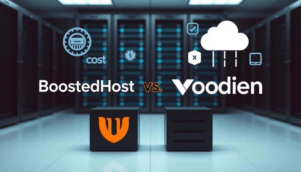 A professional, high-quality photograph of the key differentiators between BoostedHost and Vodien web hosting services. The image should have a clean, minimalist layout with the BoostedHost and Vodien logos prominently displayed in the foreground. Behind the logos, depict technical features such as server racks, network cables, and cloud computing icons to represent the speed, security, and cost factors. Use muted, cool-toned lighting to create a polished, corporate atmosphere. Capture the image from a slightly elevated angle to convey a sense of authority and expertise. The overall composition should be balanced and visually striking, drawing the viewer's attention to the critical distinctions between the two hosting providers.