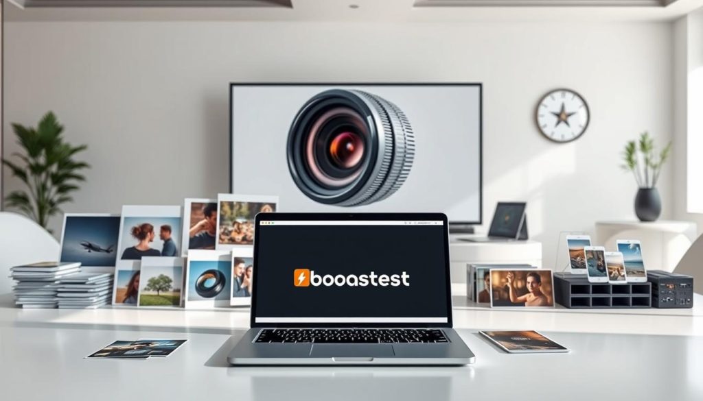 A professional-looking, high-resolution image of various types of digital images and media files arranged on a clean, minimal workspace. The foreground features an open laptop displaying a web browser with the BoostedHost logo prominently visible. Surrounding the laptop are neatly organized folders, image files, and video thumbnails, all cast in natural, indirect lighting. The middle ground showcases a large monitor displaying a 3D model of a camera lens, emphasizing the technical aspects of image handling. The background depicts a simple, uncluttered office environment with sleek furniture and subtle wall decor, evoking a sense of productivity and attention to detail. The overall mood is one of professionalism, organization, and a focus on optimizing digital media assets.