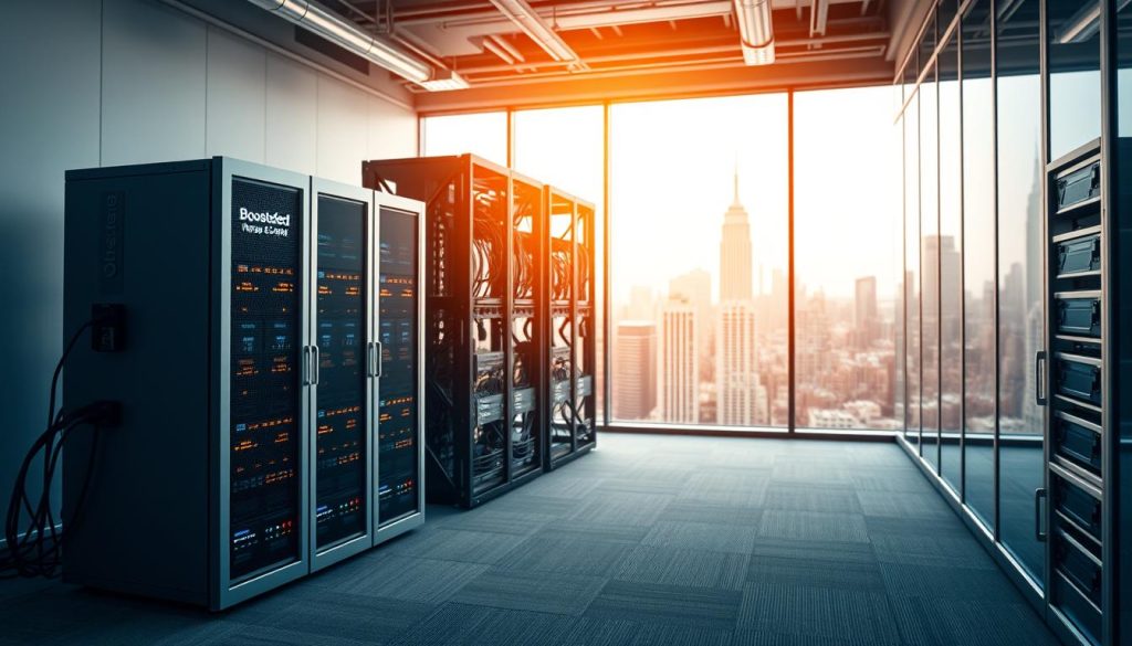 A professional-looking office setting showcasing modern web hosting hardware and infrastructure. In the foreground, a sleek BoostedHost server rack stands prominently, its pristine metal chassis and blinking LED lights conveying a sense of cutting-edge technology. The middle ground features a network of cables, switches, and routers, all meticulously arranged to create a visually appealing, organized composition. The background depicts a large window overlooking a bustling cityscape, bathed in warm, natural lighting that illuminates the entire scene. The overall atmosphere is one of efficiency, innovation, and a commitment to reliable, high-performance web hosting services.