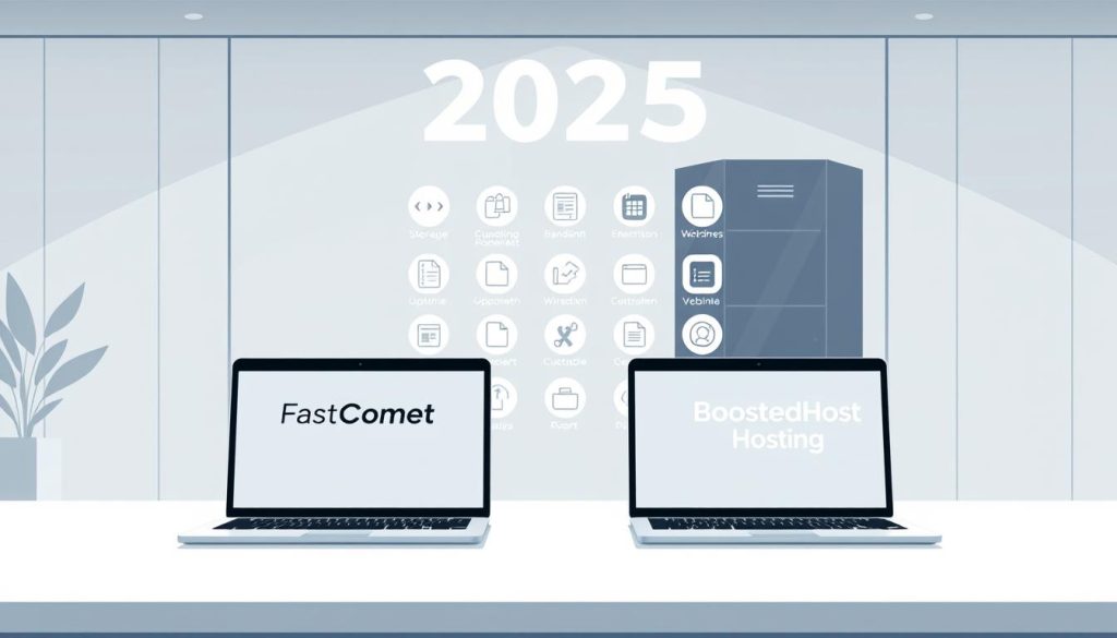 A professional, minimalist-style illustration showcasing the hosting options available in 2025. A sleek, modern office setting with clean lines and a neutral color palette. In the foreground, two elegant laptops displaying the logos of "FastComet" and "BoostedHost". In the middle ground, a series of icons representing various hosting features like storage, bandwidth, uptime, and customer support. The background features a subtle gradient or geometric pattern, creating a sense of depth and emphasis on the key elements. The overall mood is one of sophistication, clarity, and attention to detail, reflecting the high-quality hosting services being compared.