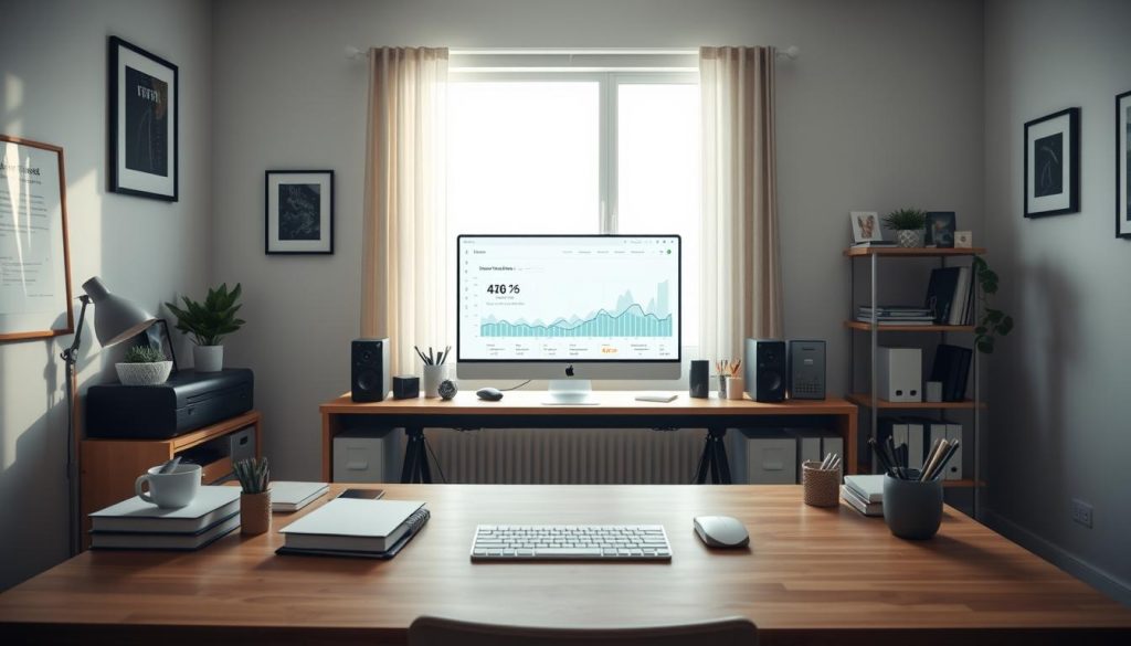 A professional, modern office setup with a desk, computer, and various office supplies. The desk is situated in front of a large window, allowing natural light to flood the space. The computer display shows performance metrics for a WordPress hosting service, highlighting the speed and reliability of the BoostedHost platform. The room is tastefully decorated with minimalist decor, creating a calm and productive atmosphere. The lighting is soft and diffused, creating a warm and inviting ambiance. The camera angle is slightly elevated, providing a clear view of the desk and computer setup, capturing the essence of "WordPress hosting performance" in a real-world, professional setting.