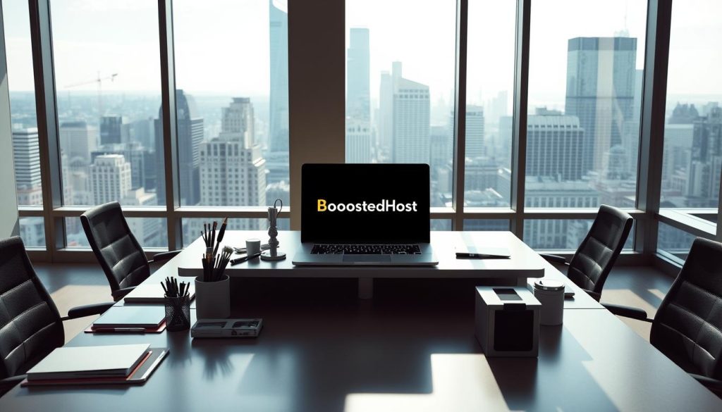 A professional office space with a modern, minimalist aesthetic. On the central desk, a laptop displays the BoostedHost logo, surrounded by neatly organized office supplies. The lighting is bright and natural, streaming in through large windows that offer a view of a bustling city skyline in the background. The room exudes an atmosphere of productivity, efficiency, and attention to detail, reflecting the values of a reliable web hosting provider catering to the needs of modern businesses.