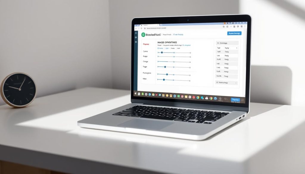 A professional, realistic image of a laptop screen displaying a plugin interface for image optimization, with a prominent "BoostedHost" logo in the top-left corner. The interface features various sliders, toggles, and settings for optimizing image size, format, and quality. The laptop is set on a minimalist, well-lit desk, with a clean, modern aesthetic. The lighting is soft and directional, creating subtle shadows that enhance the depth and dimension of the scene. The overall mood is one of efficiency, productivity, and technical expertise.